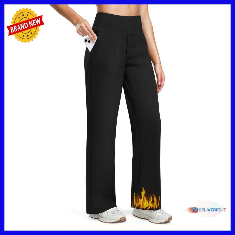 Fleece Lined Wide Leg Pants High Waisted Work Yoga Sweatpants Warm